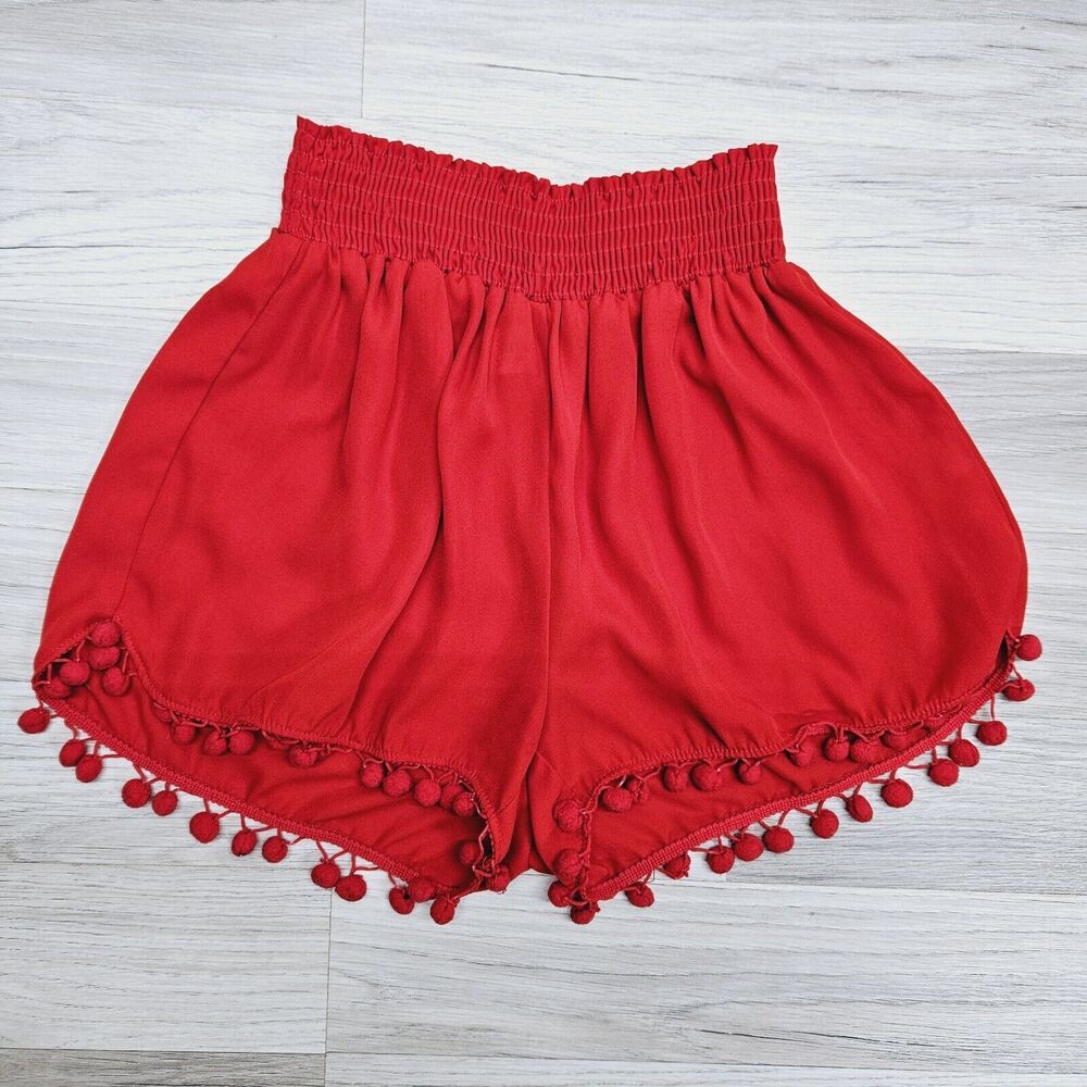 SHOW ME YOUR MUMU Womens Red Sheer Pom Pom Solid Shorts Size Small